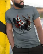 Creepy Evil Santa Clown Christmas T-Shirt for Horror Lovers - model wearing grey tee, leaning on column