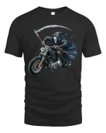 Grim Reaper Motorcycle Rider T-Shirt for Hardcore Bikers - black t-shirt on white background