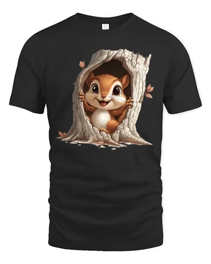 Cute Chipmunk Peekout Tee with Tree Trunk Woodland Art - black t-shirt on white background