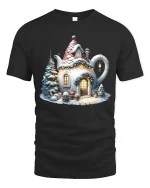Cozy Teapot Cottage Christmas Tee with Snowy Holiday Scene - black t-shirt on white background