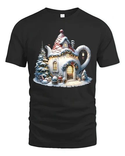 Cozy Teapot Cottage Christmas Tee with Snowy Holiday Scene - black t-shirt on white background
