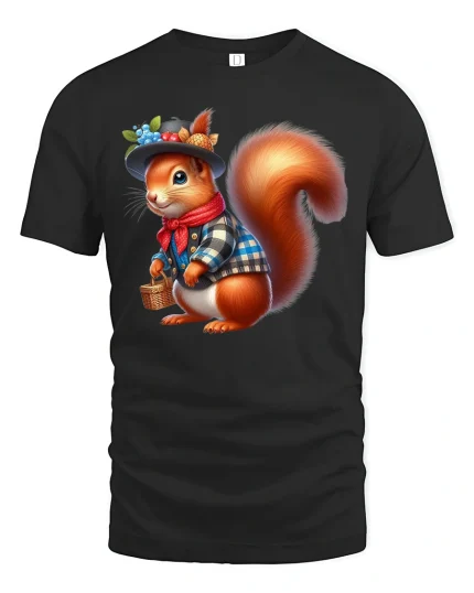 Cute Dressed Squirrel Tee with Fun Autumn Woodland Style - black t-shirt on white background