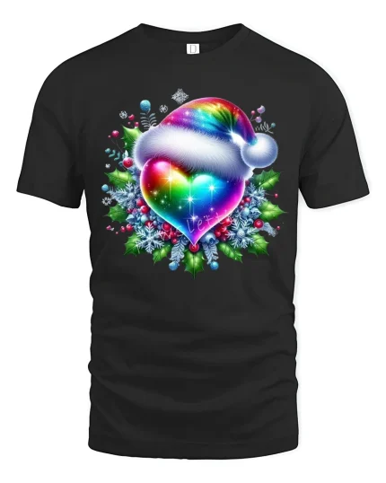 Rainbow Heart Christmas Tee with Festive Santa Hat Art - black t-shirt on white background
