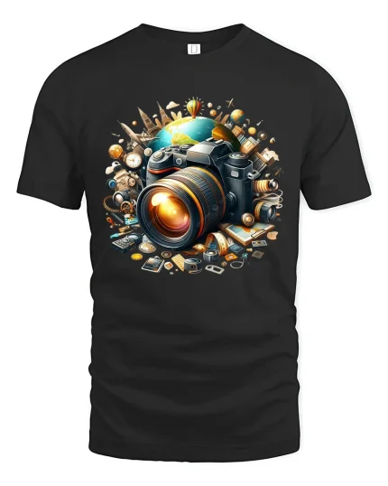 World Travel Camera Tee with Artistic Photography Design - black t-shirt on white background