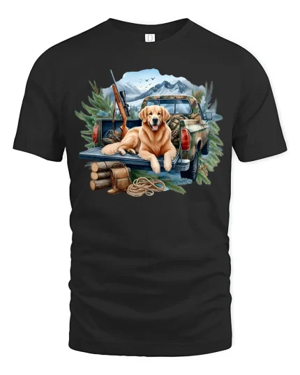 Mountain Truck Dog Tee with Adventure Outdoor Art - black t-shirt on white background