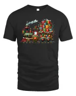 Christmas Gift Train Tee with Colorful Holiday Locomotive Art - black t-shirt on white background