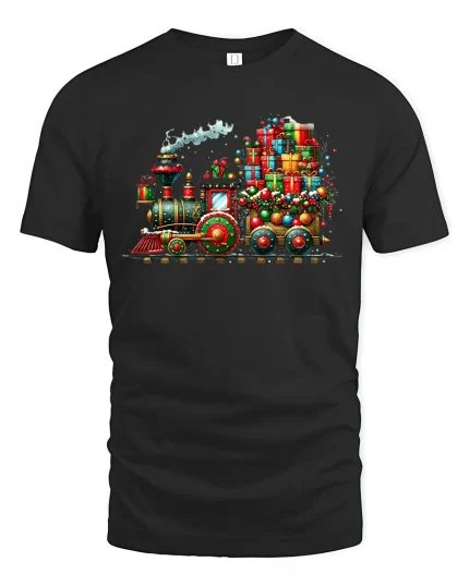 Christmas Gift Train Tee with Colorful Holiday Locomotive Art - black t-shirt on white background