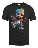 Cool Hip Hop Wood Kid Tee with Streetwear Cartoon Style Art - black t-shirt on white background