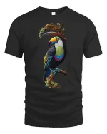 Colorful Tropical Toucan Tee with Vibrant Exotic Bird Artwork - black t-shirt on white background