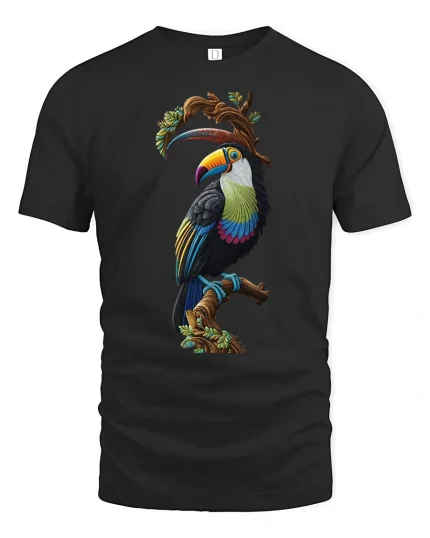 Colorful Tropical Toucan Tee with Vibrant Exotic Bird Artwork - black t-shirt on white background