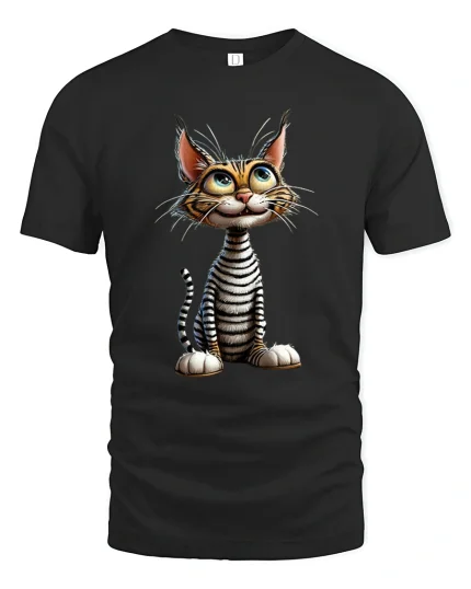 Cute Cartoon Cat Tee with Big Eyes and Playful Whisker Style - black t-shirt on white background