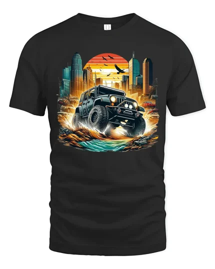 Epic Off-Road Adventure Jeep T-Shirt with City Sunset Scene - black t-shirt on white background