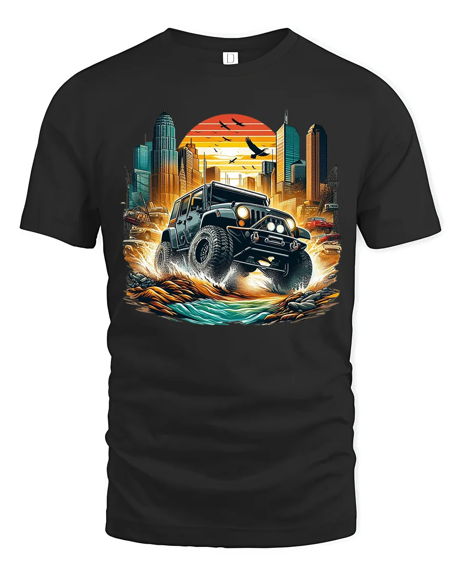 Epic Off-Road Adventure Jeep T-Shirt with City Sunset Scene - 1 Epic Off-Road Adventure Jeep T-Shirt with City Sunset Scene - black t-shirt on white background