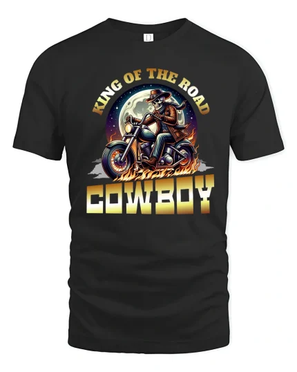 King of the Road Cowboy Motorcycle T-Shirt with Bold Design - black t-shirt on white background