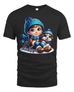 Winter Boy and Puppy Sledding T-Shirt with Cute Snowy Art - black t-shirt on white background