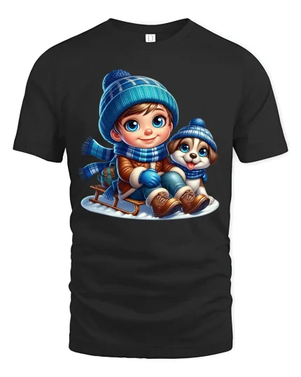 Winter Boy and Puppy Sledding T-Shirt with Cute Snowy Art - black t-shirt on white background