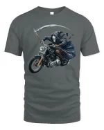 Grim Reaper Motorcycle Rider T-Shirt for Hardcore Bikers - gray t-shirt on white background