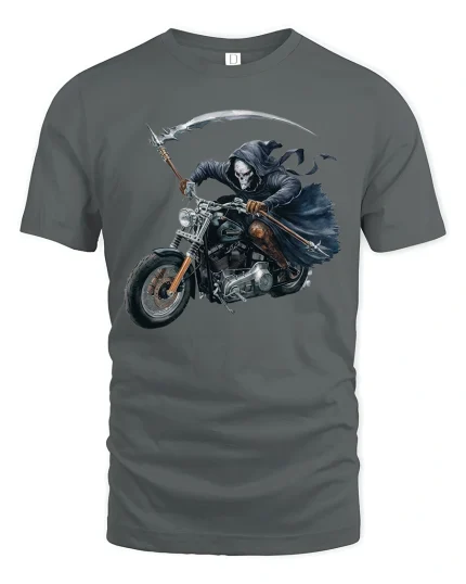 Grim Reaper Motorcycle Rider T-Shirt for Hardcore Bikers - gray t-shirt on white background