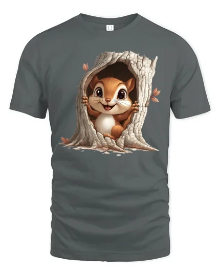 Cute Chipmunk Peekout Tee with Tree Trunk Woodland Art - gray t-shirt on white background