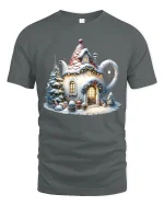 Cozy Teapot Cottage Christmas Tee with Snowy Holiday Scene - gray t-shirt on white background