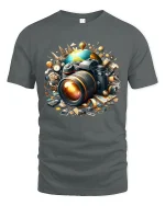 World Travel Camera Tee with Artistic Photography Design - gray t-shirt on white background