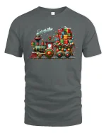 Christmas Gift Train Tee with Colorful Holiday Locomotive Art - gray t-shirt on white background