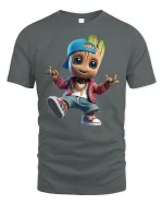 Cool Hip Hop Wood Kid Tee with Streetwear Cartoon Style Art - gray t-shirt on white background