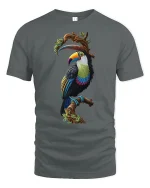 Colorful Tropical Toucan Tee with Vibrant Exotic Bird Artwork - gray t-shirt on white background