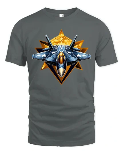 Fighter Jet Star Emblem T-Shirt for Aviation Lovers - gray t-shirt on white background