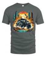 Epic Off-Road Adventure Jeep T-Shirt with City Sunset Scene - gray t-shirt on white background