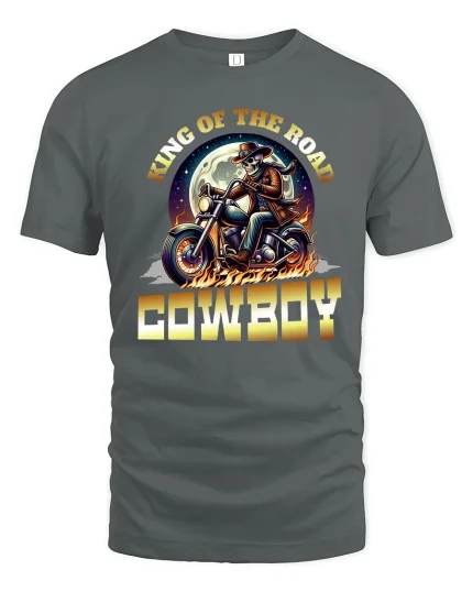 King of the Road Cowboy Motorcycle T-Shirt with Bold Design - gray t-shirt on white background