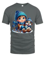 Winter Boy and Puppy Sledding T-Shirt with Cute Snowy Art - gray t-shirt on white background