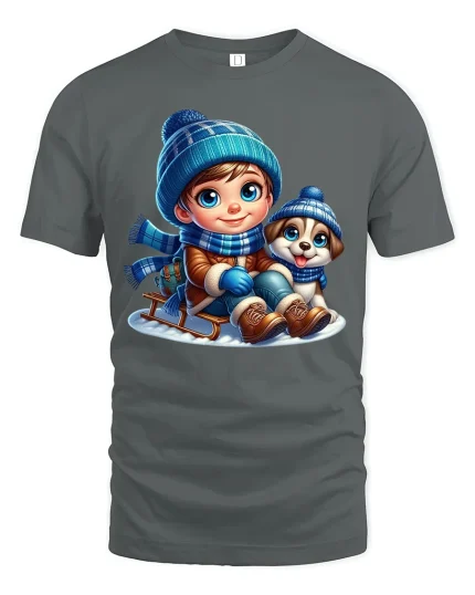 Winter Boy and Puppy Sledding T-Shirt with Cute Snowy Art - gray t-shirt on white background