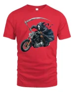 Grim Reaper Motorcycle Rider T-Shirt for Hardcore Bikers - red t-shirt on white background