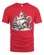 Cozy Teapot Cottage Christmas Tee with Snowy Holiday Scene - red t-shirt on white background