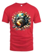 World Travel Camera Tee with Artistic Photography Design - red t-shirt on white background