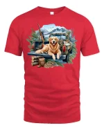 Mountain Truck Dog Tee with Adventure Outdoor Art - red t-shirt on white background