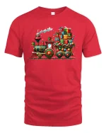 Christmas Gift Train Tee with Colorful Holiday Locomotive Art - red t-shirt on white background