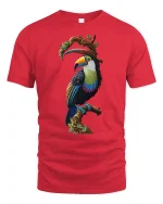Colorful Tropical Toucan Tee with Vibrant Exotic Bird Artwork - red t-shirt on white background