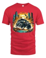 Epic Off-Road Adventure Jeep T-Shirt with City Sunset Scene - red t-shirt on white background