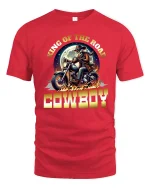 King of the Road Cowboy Motorcycle T-Shirt with Bold Design - red t-shirt on white background