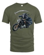 Grim Reaper Motorcycle Rider T-Shirt for Hardcore Bikers - military green t-shirt on white background