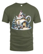 Cozy Teapot Cottage Christmas Tee with Snowy Holiday Scene - military green t-shirt on white background