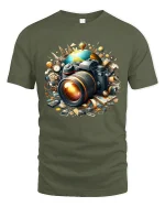 World Travel Camera Tee with Artistic Photography Design - military green t-shirt on white background