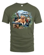 Mountain Truck Dog Tee with Adventure Outdoor Art - military green t-shirt on white background