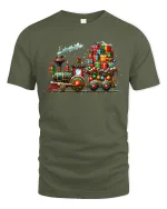 Christmas Gift Train Tee with Colorful Holiday Locomotive Art - military green t-shirt on white background