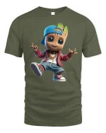 Cool Hip Hop Wood Kid Tee with Streetwear Cartoon Style Art - military green t-shirt on white background