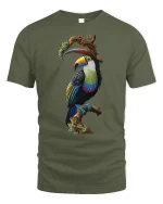 Colorful Tropical Toucan Tee with Vibrant Exotic Bird Artwork - military green t-shirt on white background