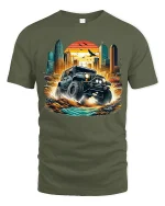 Epic Off-Road Adventure Jeep T-Shirt with City Sunset Scene - military green t-shirt on white background