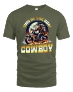 King of the Road Cowboy Motorcycle T-Shirt with Bold Design - military green t-shirt on white background